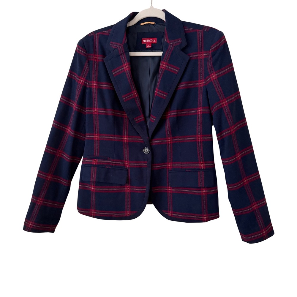 Merona Womens Navy Blue Red Plaid Single Button Blazer Jacket Size 8